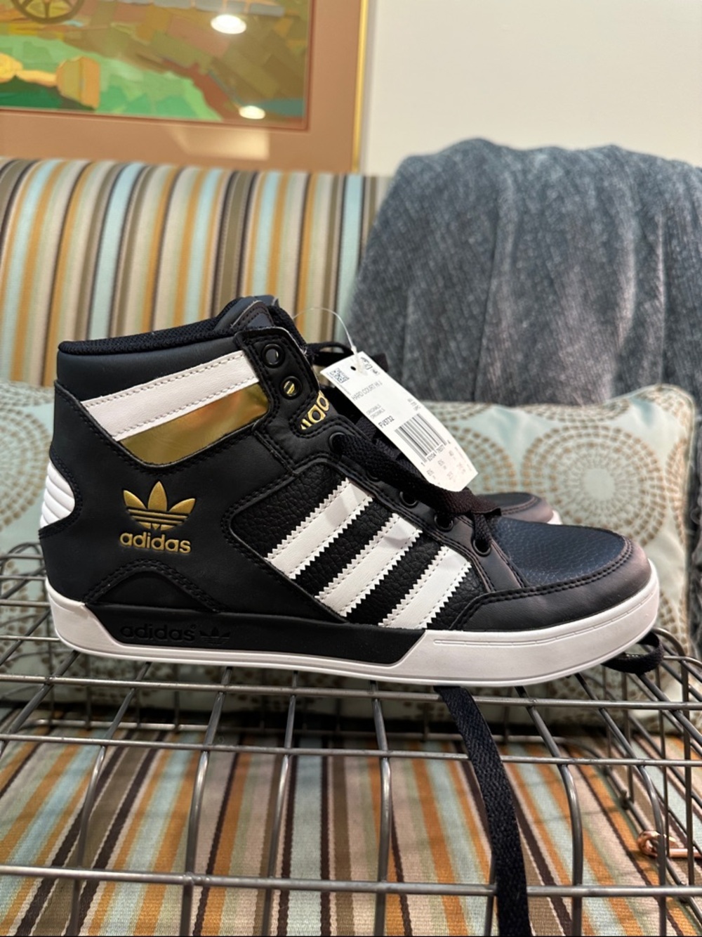 adidas Kids (fit women’s 8) Black and White High-Top Sneakers with Gold Trim